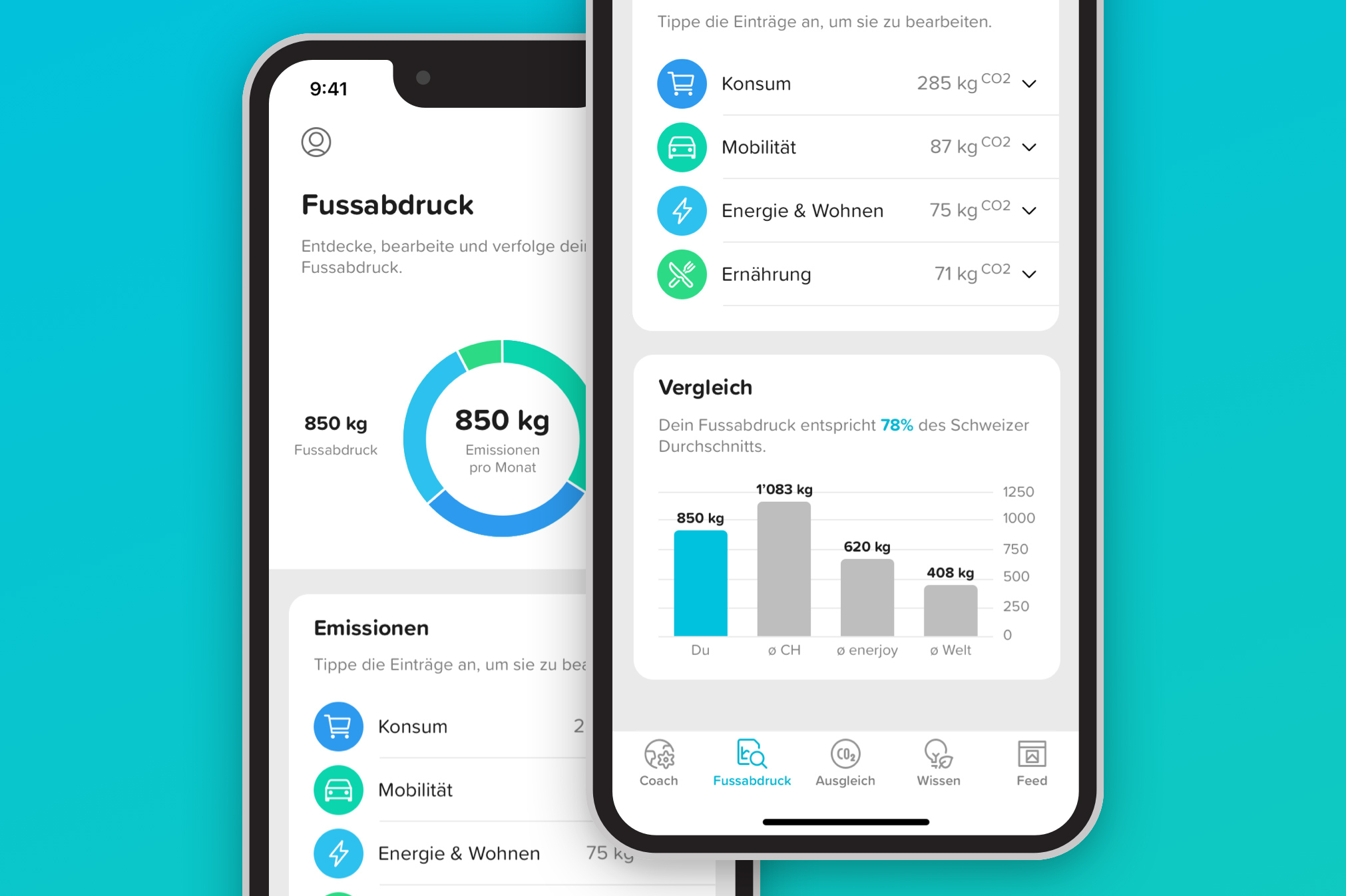 Zwei Smartphones, die die App Enerjoy geöffnet haben.