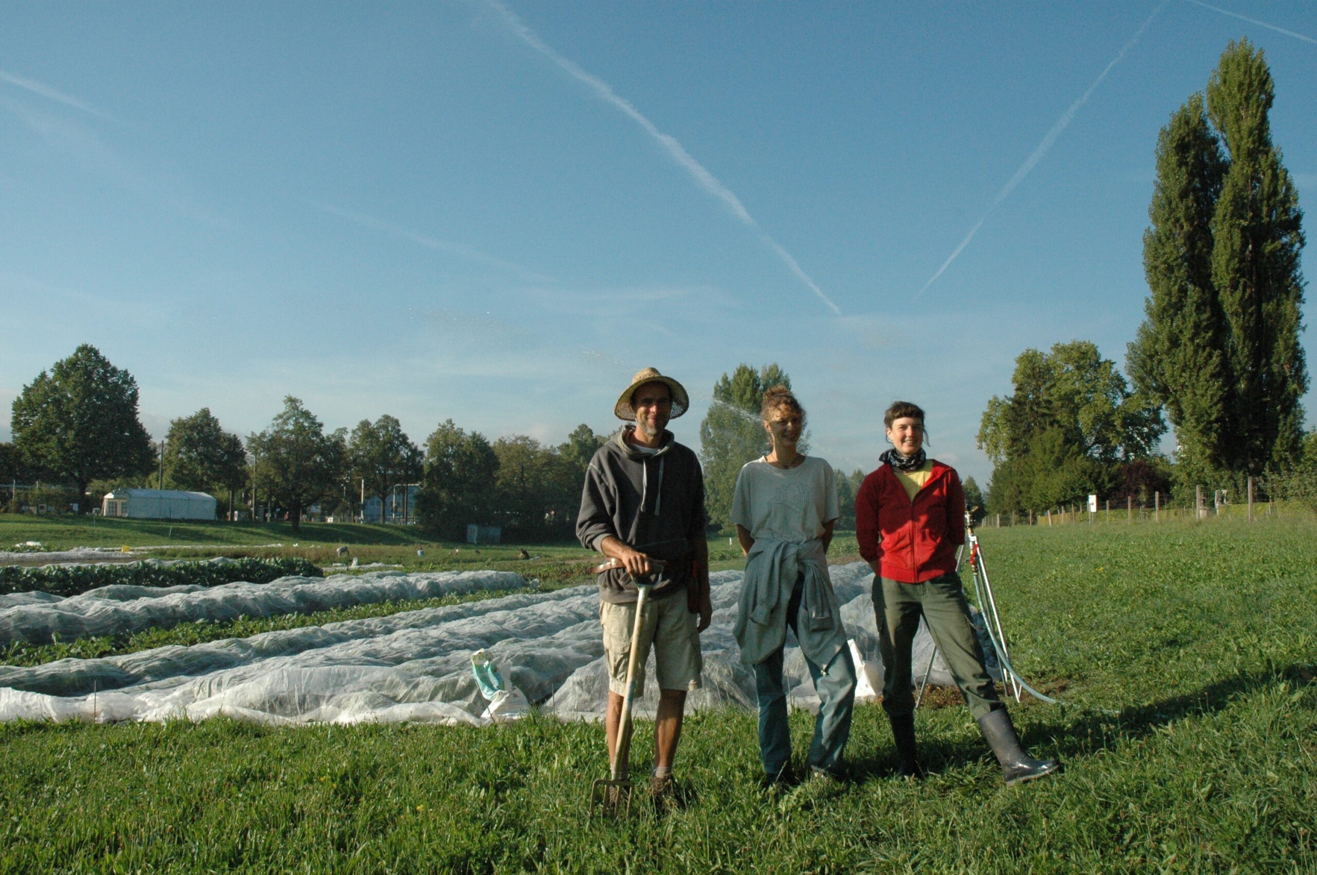 Gruppenfoto von drei Personen auf einem Feld