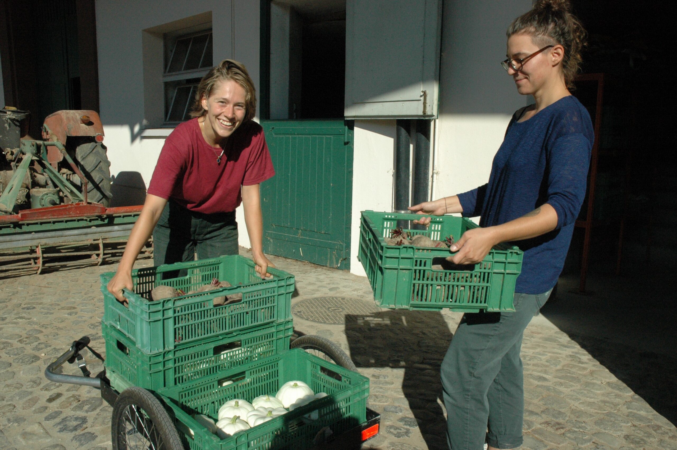 Zwei Personen mit Gemüsekisten