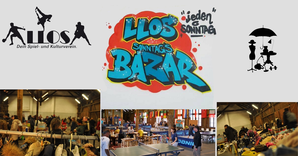 Logo von LLOS-Sonntagsbazar und Fotos mit Flohmarkt und Tischtennis