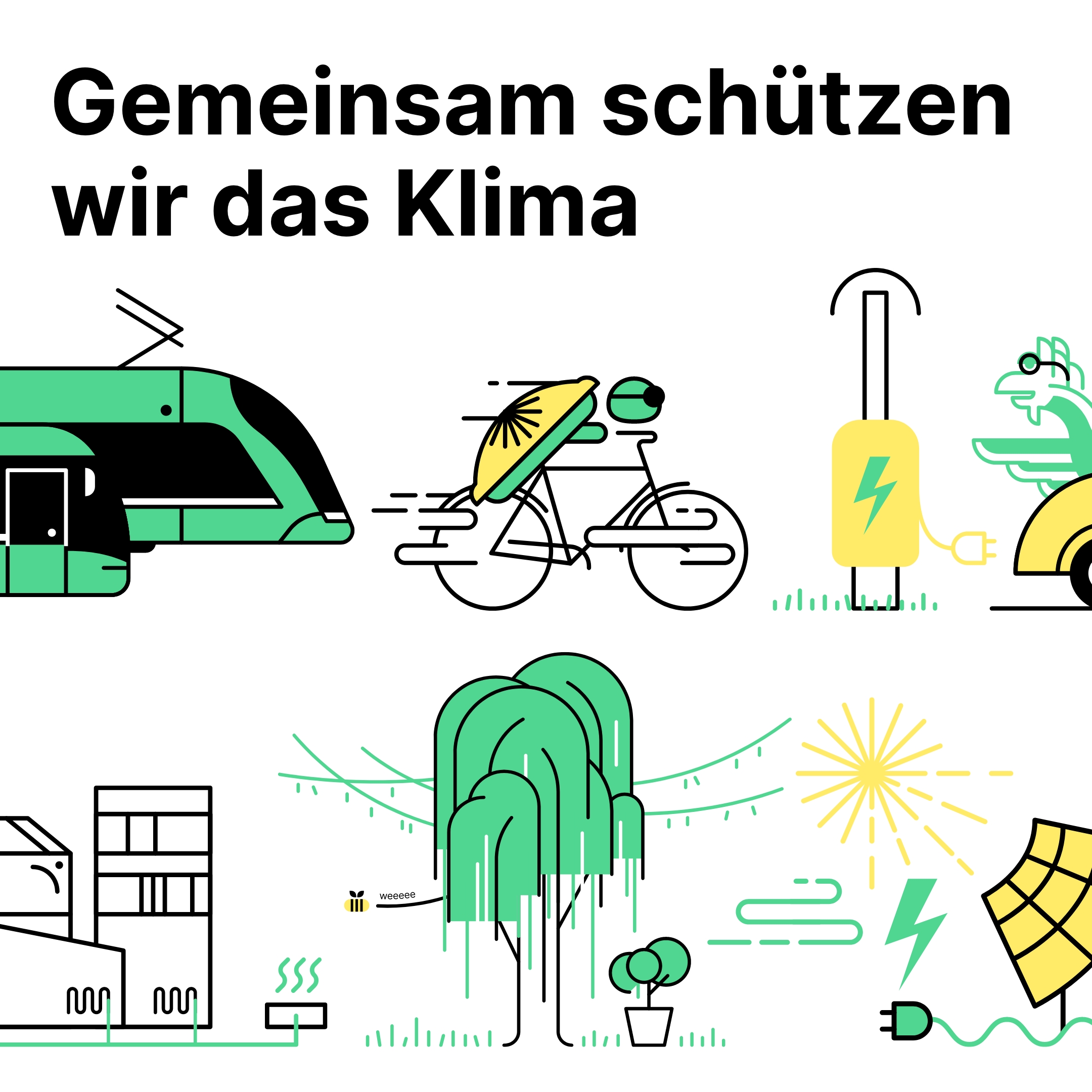 Titelbild Flyer mit Illustrationen Tram, Velo, Baum, Solaranlage etc.