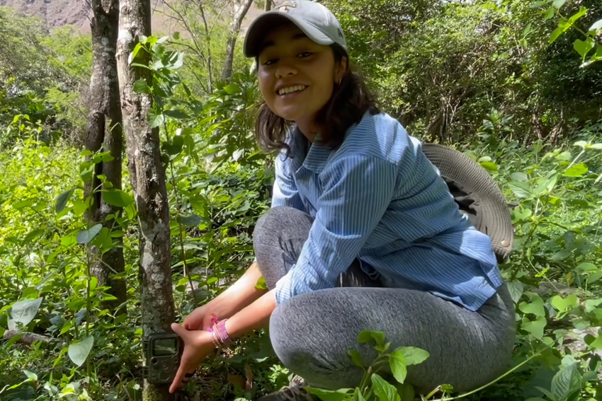 Gabriela Palacio bringt eine Wildkamera an.