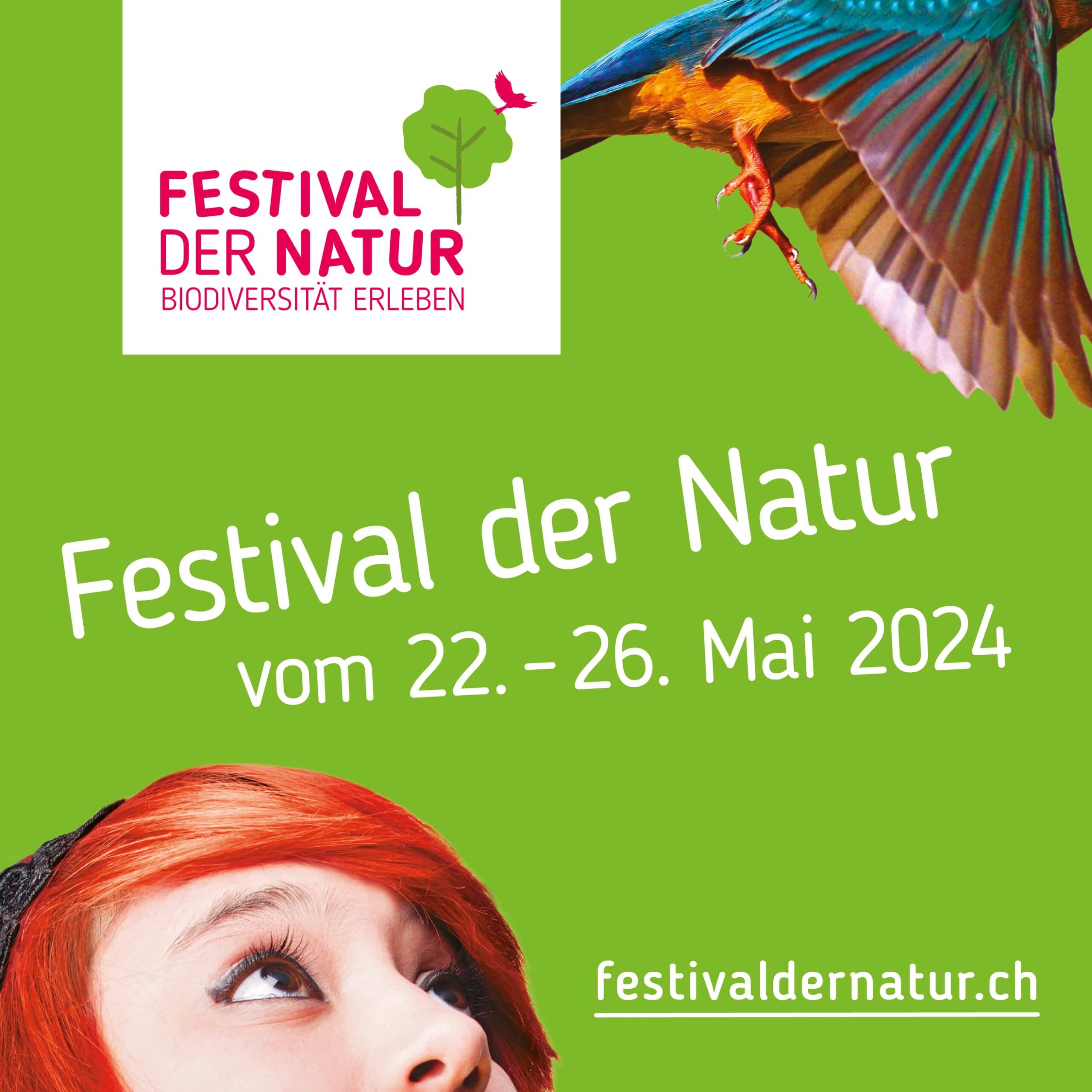 Banner Festival der Natur mit Schriftzug sowie halb sichtbarem Gesicht und Eisvogel
