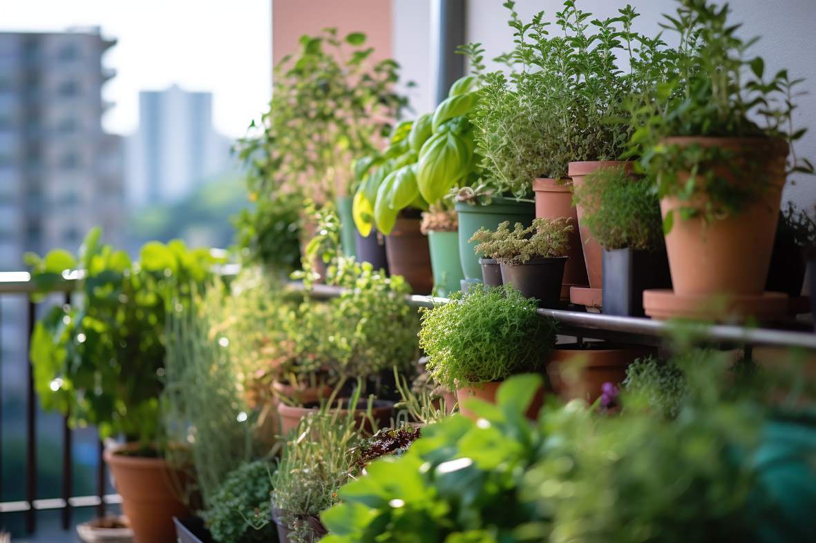 Töpfe mit Gewürzen auf dem Balkon