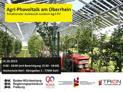 Flyer mit Konferenzdaten und Foto von landwirtschaftlicher Kultur unter einer PV-Anlage