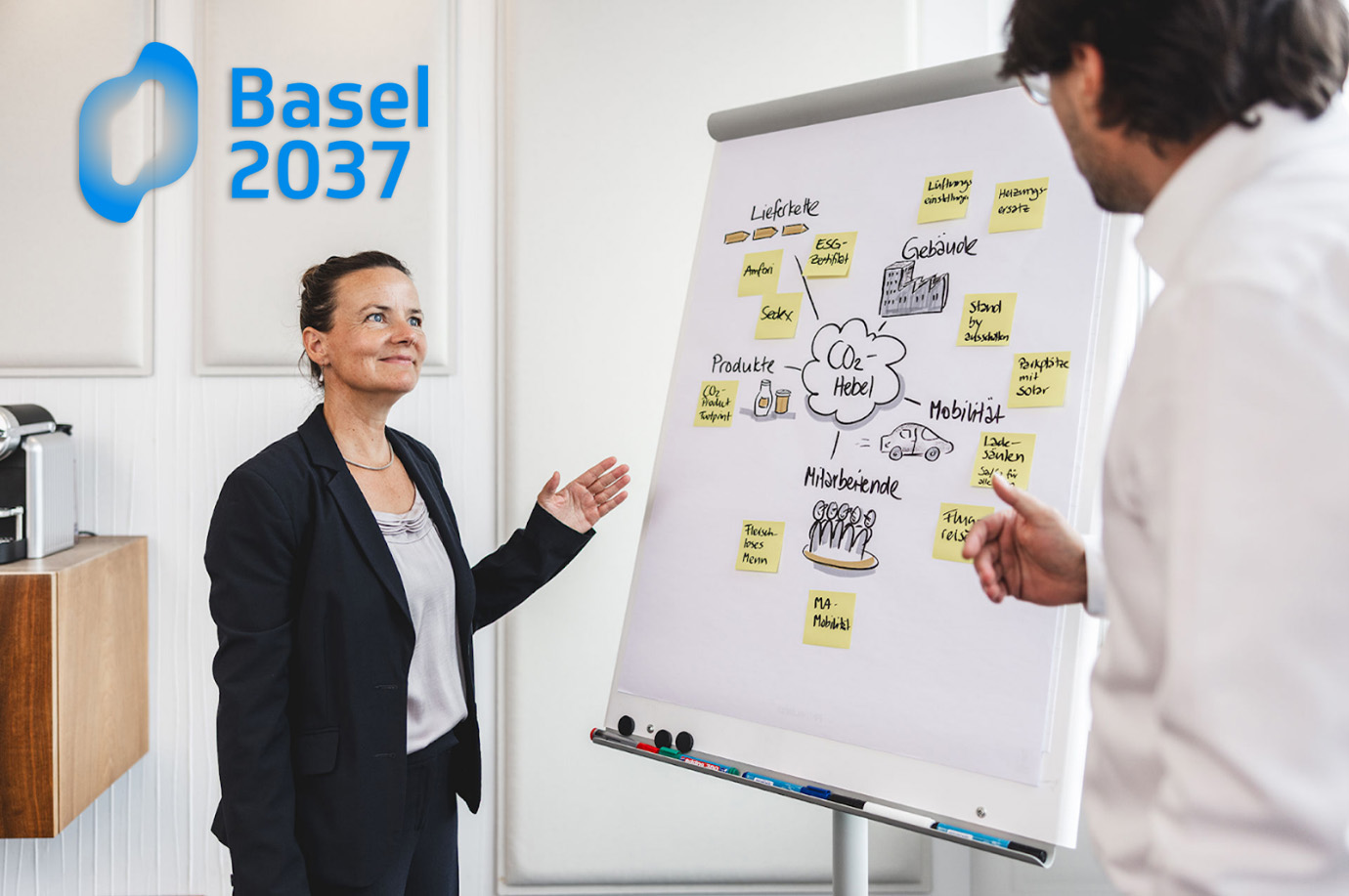 Logo von Basel 2037 mit Frau vor Flipchart