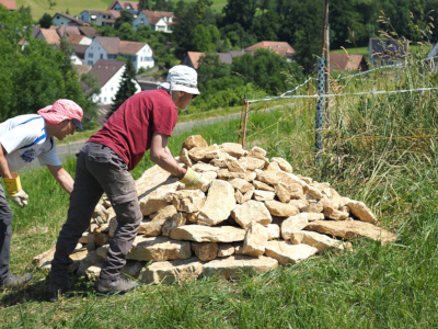 Zwei Personen beim Bau einer Wieselburg aus aufeinandergeschichteten Steinen