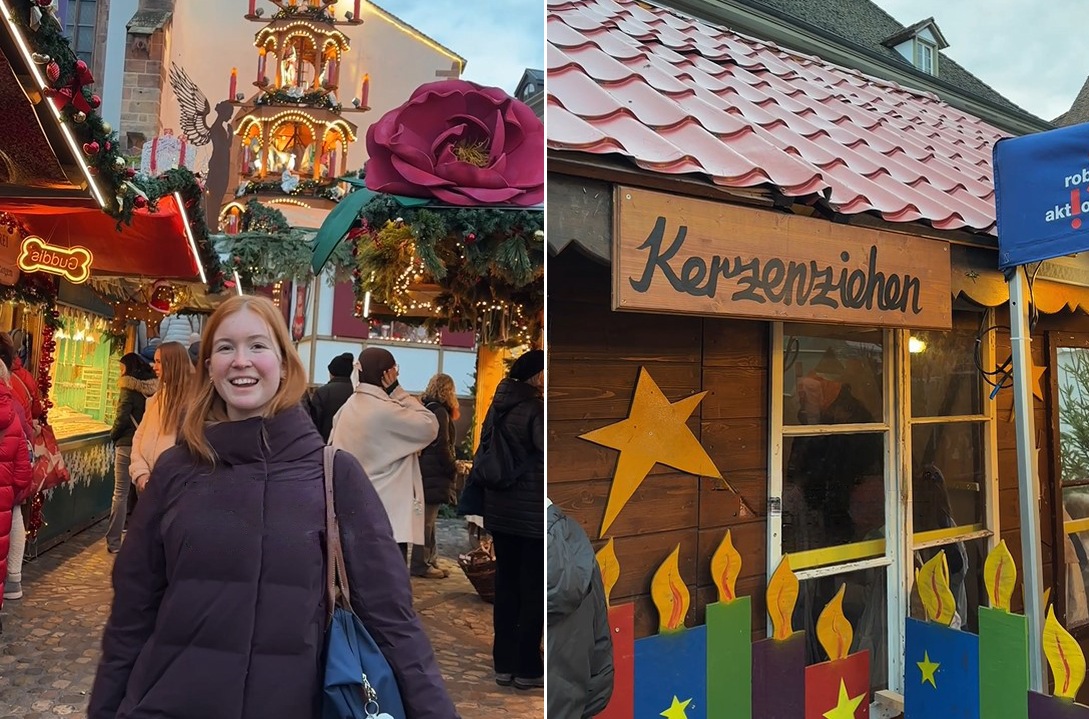 Caroline links am Basler Weihnachtsmarkt und rechts eine Hütte, wo Kerzenziehen angeboten wird.
