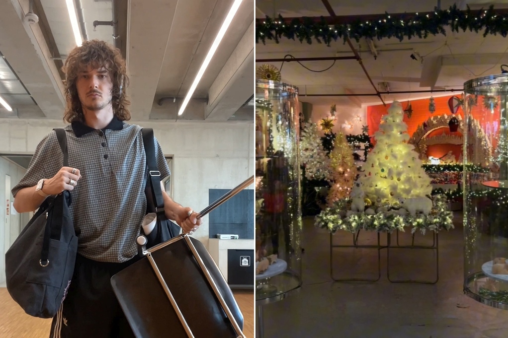 Links Gian mit einem Stuhl in der Hand und rechts eine beschmückte Brockenstube in Basel.