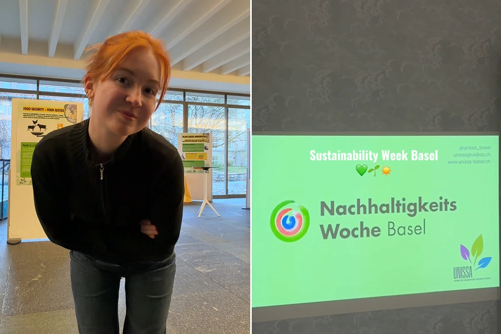 Links Caroline und rechts eine Powepoint-Präsentation mit der Überschricht "Nachhaltigkeitswoche Basel"