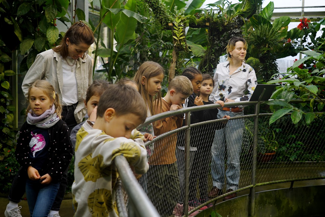 Eine Schulklasse, die eine Führung im botanischen Garten erhält.