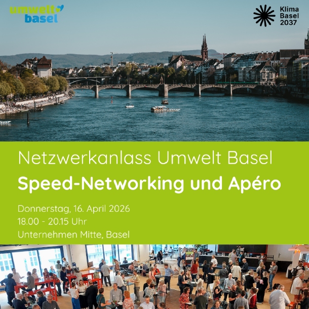 Bild der Broschüre des Netzwerkanlasses. Das Treffen findet am 16. April von 18.00 Uhr bis 20:15 Uhr beim Unternehmen Mitte in Basel statt.