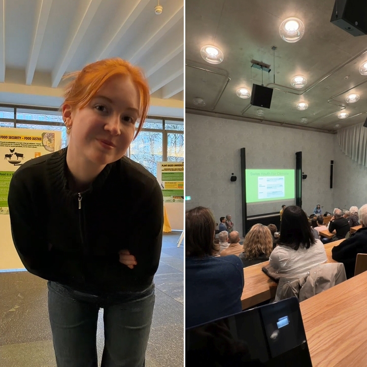 Links Caroline und rechts ein gefüllter Saal mit Besucher