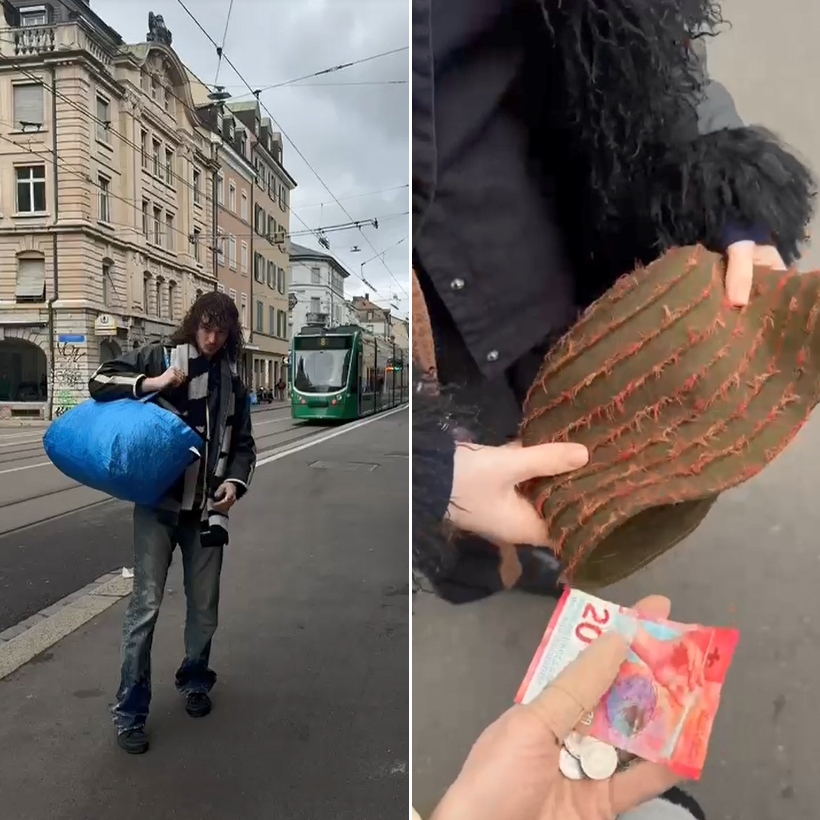 Gian links mit einer Ikea-Tasche und rechts hält Gian Bargeld in der hand.