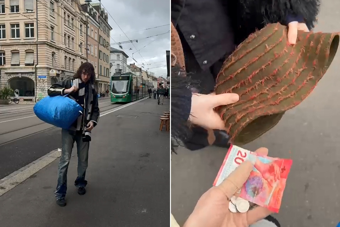 Gian links mit einer Ikea-Tasche und rechts hält Gian Bargeld in der hand.