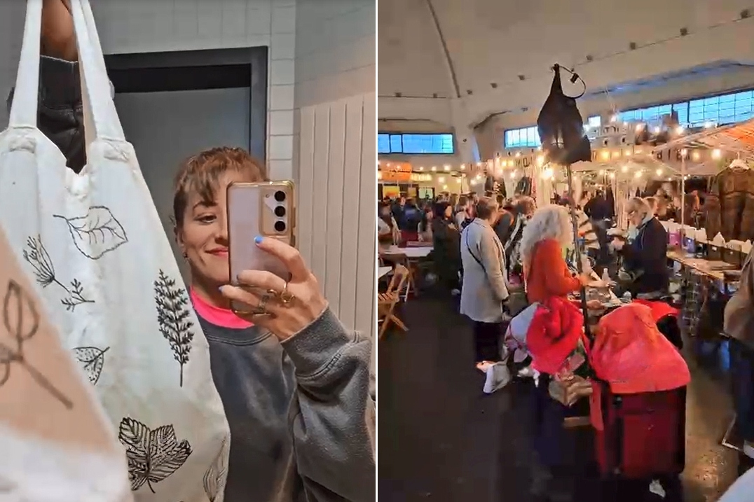 Links Sophie mit einer Tasche in der Hand und rechts der Flohmi in der Markthalle mit vielen Personen.