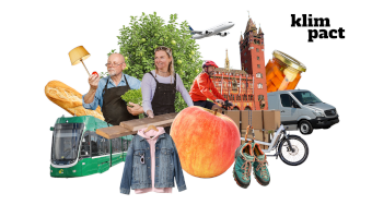 Bildcollage mit Tram, Brot, Apfel, Jacke, Rathaus, zwei Personen, Flugzeug, Auto etc.